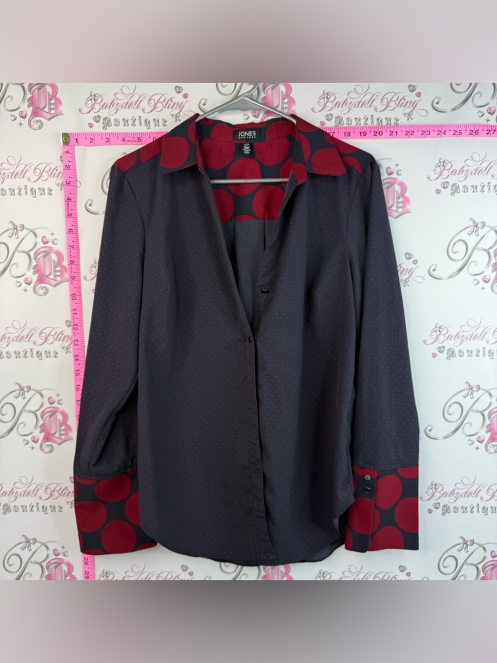 Jones New York Black Long Sleeve Casual Button Down with Red Dot Trim